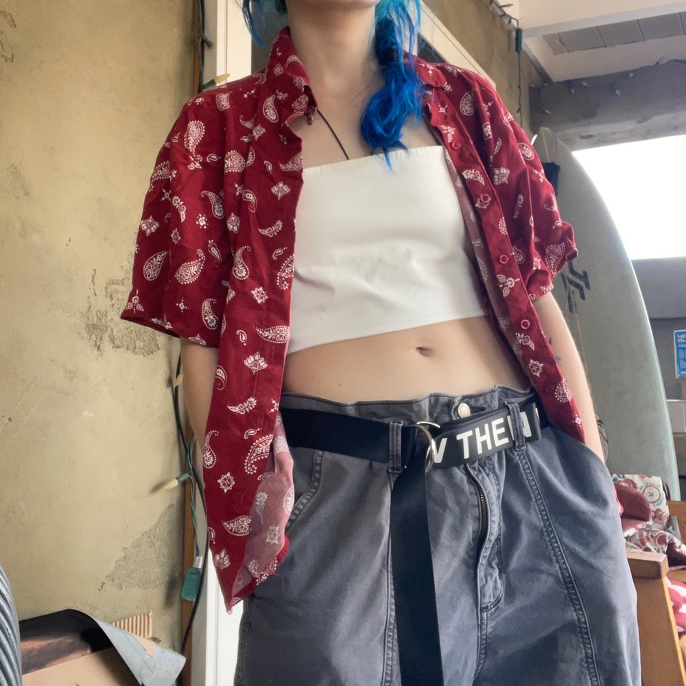 Collared button up, red, bandanna design